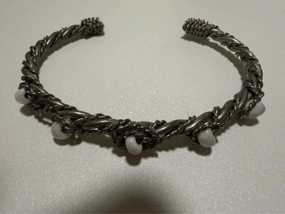 Vintage twisted silver tone beaded cuff bracelet
